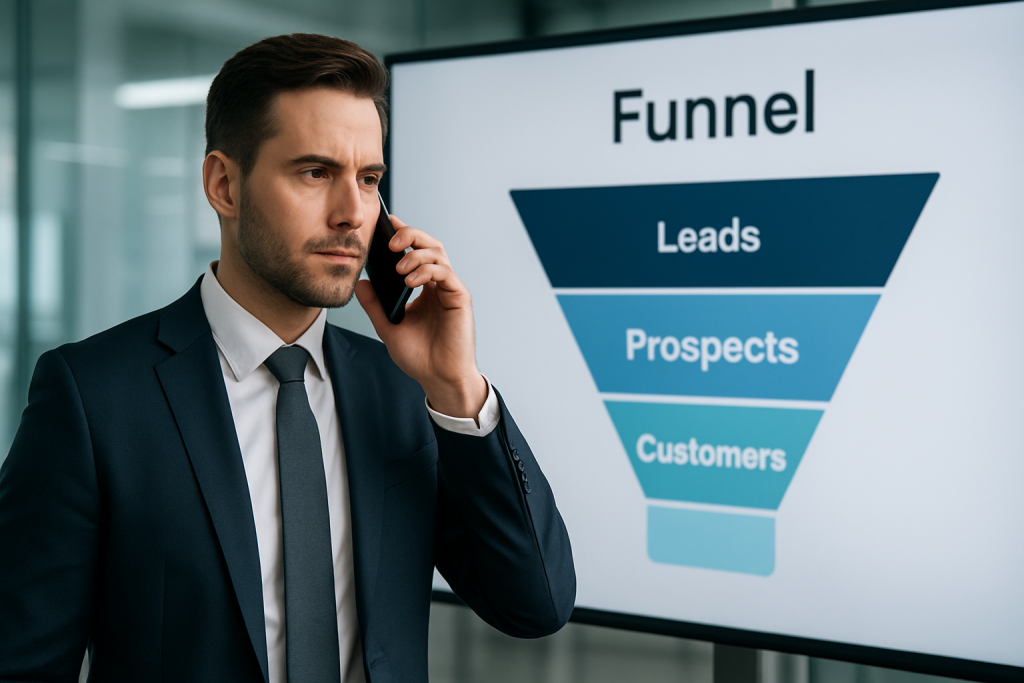 geschäftsmann telefoniert vor digitalem funnel mit leads prospects customers im lead-to-deal